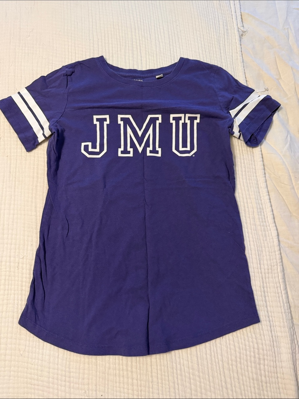 JMU Purple Short Sleeve Tee with White Sleeve Stripes